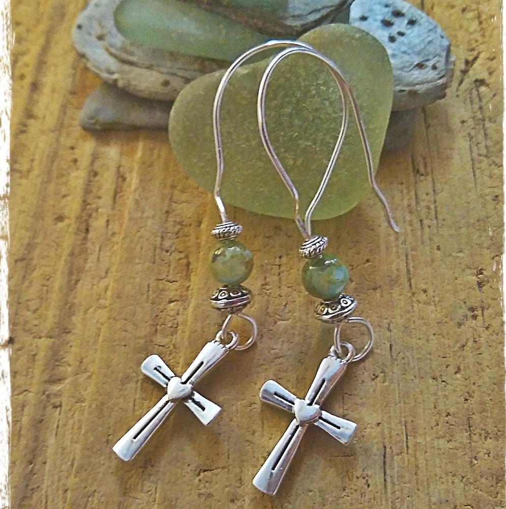 Silver Cross Earrings w/River Shell and Bali Beads